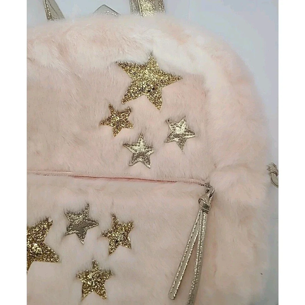 Gold Metallic Faux Fur Pink Backpack w/ Silver Gold Stars Toddler Little Girl